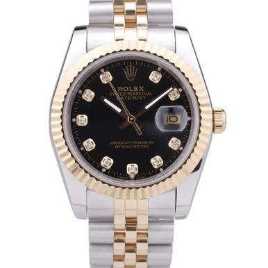 AAA Replica Watches Rolex Datejust Black Diamonds Dial Bezel Ribbed 7453 1013